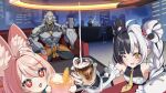  2boys 3girls absurdres animal_ear_fluff animal_ear_piercing animal_ears banyue_(zenless_zone_zero) bare_shoulders black_cloak black_hair blue_hair braid braided_twintails carrot chakram chinese_clothes cloak clothed_robot clothes_around_waist collarbone commentary_request couch crescent crescent_earrings cup detached_sleeves dialyn_(zenless_zone_zero) dress drinking_glass earrings furry furry_female grey_hair hair_between_eyes hair_ornament hairclip highres holding holding_cup humanoid_robot jewelry long_hair looking_at_viewer multicolored_hair multiple_boys multiple_girls necktie on_couch one_eye_closed open_mouth panda_hair_ornament pink_fur pink_hair plasticboy47174 portal_(object) promeia_(zenless_zone_zero) qipao rabbit_ears rabbit_girl robot robot_boy screw sitting sphere_hair_ornament split-color_hair weapon white_dress white_hair yellow_eyes yellow_necktie zenless_zone_zero zhao_(zenless_zone_zero) 