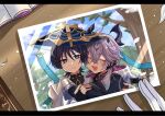  2boys ahoge black_bodysuit black_bridal_gauntlets black_coat black_hair black_horns black_sleeves blue_hat blue_jingasa blue_sky blunt_ends blush bodysuit bridal_gauntlets bright_pupils choppy_bangs closed_eyes closed_mouth cloud cloudy_sky coat collared_coat colored_eyelashes commentary_request contrast_collar crossed_bangs dragon_boy dragon_horns durin_(genshin_impact) eyeliner facial_mark facing_another fingernails forehead_mark genshin_impact gloves gold gold_ring hair_between_eyes hand_on_another's_arm hat highres horns hug hug_from_side indoors japanese_clothes jingasa kimono lens_flare looking_at_viewer makeup mandarin_collar middle_ring multiple_boys open_mouth osechi_45 petals photo_(object) pov pov_hands purple_eyes purple_hair purple_horns raised_eyebrow red_eyeliner scaramouche_(genshin_impact) sky table tilted_headwear tree tsurime two-sided_horns wanderer_(genshin_impact) white_gloves white_kimono white_petals white_pupils white_sleeves wolf_cut wooden_table 