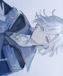  1boy 41_tr artist_name black_jacket blue_cape blue_hair cape closed_mouth collared_jacket collared_shirt empty_eyes eyelashes figure_four_sitting gem genshin_impact gloves grey_background hair_between_eyes hand_up high_collar highres jacket jewelry long_sleeves male_focus mitya_(genshin_impact) necktie open_clothes open_jacket pale_skin pendant purple_eyes shirt short_hair simple_background sitting smile solo star_(symbol) upper_body wavy_hair white_gloves white_necktie white_shirt yellow_gem 