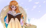  1girl bangle bare_legs book bracelet breasts cleavage closed_mouth collarbone commentary_request cup dappled_sunlight earrings feet_out_of_frame gold_bangle hair_over_shoulder jewelry knees_up log_pose long_hair nami_(one_piece) necklace nem_edogawa one_piece open_book orange_hair pearl_earrings pink-tinted_eyewear pink_shirt reading round_eyewear shirt sitting solo sunglasses sunlight thighs tinted_eyewear 