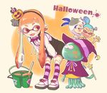  2boys bucket domino_mask fangs food_themed_hair_ornament hair_ornament halloween halloween_costume hat inkling jellyfish jellyfish_(splatoon) liruty long_hair mask multiple_boys open_mouth pointy_ears pumpkin pumpkin_hair_ornament splatoon_(series) splatoon_1 tentacle_hair tri-slosher_(splatoon) witch_hat 