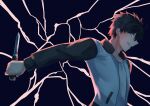  1boy absurdres arm_at_side black_hair black_sleeves blue_background blue_eyes commentary_request crack folding_knife glowing glowing_eye grey_jacket highres jacket knife looking_to_the_side male_focus masa_aoiro messy_hair multicolored_jacket mystic_eyes_of_death_perception nanatsu-yoru official_alternate_costume open_clothes open_jacket profile reverse_grip shade shirt smile solo switchblade tohno_shiki tsukihime tsukihime_(remake) two-tone_jacket upper_body white_shirt 