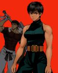  1boy 1girl absurdres bare_shoulders berserk black_hair casca_(berserk) closed_mouth commentary cosplay fushiguro_toji fushiguro_toji_(cosplay) guts_(berserk) highres holding holding_sword holding_weapon jujutsu_kaisen nisino2222 puck_(berserk) red_background short_hair sword weapon zen'in_maki zen'in_maki_(cosplay) 