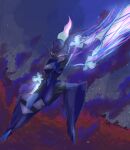  absurdres armor blade_arm ceruledge commentary_request eye_trail fiery_hair fire flaming_eyes helmet highres karura_(to-the-4483) light_trail pokemon pokemon_(creature) purple_eyes purple_fire purple_helmet standing weapon 