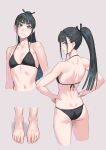  1girl amaya_tsubame ass bikini black_bikini black_hair breasts commentary_request cropped_legs feet foot_focus from_behind front-tie_bikini_top front-tie_top gakuen_idolmaster green_eyes grey_background hands_on_own_hips highres idolmaster long_hair looking_at_viewer looking_back lowleg lowleg_bikini mole mole_under_eye multiple_views ponytail simple_background small_breasts swimsuit upper_body v yuuji_(and) 