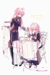  2boys absurdres ahoge animal_ears ansel_(arknights) ansel_(nighttime_cafe)_(arknights) apron arknights ascot baoshi_xiao_niao bell black_boots black_coat black_dress black_pants boots buttons cake clone coat commentary crossdressing crossdressing_(mtf) cup dated double-breasted dress drinking enmaided floppy_ears food frown full_body gloves hand_up highres holding holding_bell holding_cup holding_tray knee_boots letter long_sleeves looking_at_viewer lop_rabbit_ears maid maid_headdress male_focus multiple_boys pants pink_hair pink_ribbon rabbit_ears red_ascot red_eyes ribbon round_table saucer short_hair simple_background sitting smile striped_clothes striped_dress striped_pants table tablecloth teacup teapot tiered_tray tray untranslatable_commentary vertical-striped_clothes vertical-striped_dress vertical-striped_pants waist_apron white_apron white_background white_gloves 