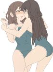  2girls absurdres ass blush brown_eyes brown_hair competition_school_swimsuit crotch_rub eye_contact green_one-piece_swimsuit highres holding_another's_wrist knees leg_between_thighs long_hair looking_at_another multiple_girls one-piece_swimsuit open_mouth original school_swimsuit simple_background sweat swimsuit white_background wood_pump yuri 