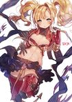  :o armor artist_name bad_id bad_pixiv_id belt black_gloves blonde_hair blue_eyes blue_skirt blush boots braid breasts cleavage cleavage_cutout french_braid gauntlets gloves granblue_fantasy hairband hand_on_own_stomach large_breasts leg_up long_hair midriff navel panties parted_lips pink_panties red_armor simple_background skirt solo sukja thigh_boots thighhighs twintails underwear upskirt white_background zeta_(granblue_fantasy) 