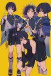  1boy anemo_symbol_(genshin_impact) animal_on_head animal_print arm_at_side armor bare_shoulders belt bird bird_on_head bird_print bishounen black_belt black_bodysuit black_bow black_hair black_sandals black_shorts blue_cape blue_gem blue_kimono blue_sleeves blunt_ends bodysuit bow bridal_gauntlets cape choppy_bangs closed_mouth covered_collarbone feathers finch frown furisode gem genshin_impact gold_ring green_bird grey_bridal_gauntlets hakama hakama_shorts hand_on_own_hip hand_on_own_thigh hand_up head_down highres index_finger_raised japanese_armor japanese_clothes juban kimono kote kurokote layered_sleeves leg_warmers looking_to_the_side male_focus mandarin_collar middle_ring multiple_expressions multiple_views notice_lines on_head open_clothes open_hand open_kimono parted_lips pleated_shorts pom_pom_(clothes) purple_rope purple_sash rope sandals sash scaramouche_(genshin_impact) short_sleeves shorts side_cape sitting smirk solo standing tassel toeless_legwear toenails toes v-shaped_eyebrows viol_vrt wanderer_(genshin_impact) white_kimono white_leg_warmers white_mouth white_sleeves white_trim wolf_cut yellow_background yellow_feathers zouri 