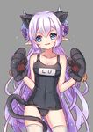  absurdres animal_ears black_swimsuit blue_eyes cat_ears cowboy_shot elsword extra_ears gloves highres horns long_hair low_twintails luciela_r._sourcream name_tag one-piece_swimsuit paw_gloves paws pointy_ears purple_hair school_swimsuit smile solo swimsuit tail thighhighs twintails very_long_hair wataru_kuri 