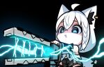 1girl :d ahoge animal_ear_fluff animal_ear_piercing black_background braid electricity fox_girl fox_tail hair_between_eyes highres holding holding_weapon hololive kumarang midriff powering_up railgun shirakami_fubuki shirakami_fubuki_(1st_costume) single_braid smile tail virtual_youtuber weapon white_hair 
