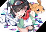  asikaga_yosimitu bare_shoulders black_hair blush breasts brown_eyes commentary_request cowboy_shot digimon digimon_(creature) digimon_story:_time_stranger dress elbow_gloves gloves goggles goggles_on_head green_dress highres medium_breasts patamon red_scarf scarf short_hair single_thighhigh thighhighs tongue white_dress white_gloves white_thighhighs yuuki_kanan 
