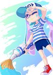  absurdres baseball_cap bike_shorts domino_mask hat highres inkbrush_(splatoon) inkling liruty long_hair mask one_eye_closed paintbrush pointy_ears shoes smile sneakers solo splatoon_(series) splatoon_1 tentacle_hair 