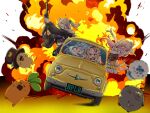  4girls animal_ear_piercing animal_ears arm_up assault_rifle blonde_hair blue_hair car closed_eyes commentary_request double_bun driving elf explosion fiat fiat_500 floating_hair flower fox_ears fox_girl fur-trimmed_jacket fur_trim gradient_hair grey_eyes grey_hair grin gun hair_bun hair_flower hair_ornament highres holding holding_gun holding_weapon hololive jacket layered_skirt lion_ears lion_girl looking_at_viewer m4_carbine momosuzu_nene momosuzu_nene_(1st_costume) motor_vehicle multicolored_hair multicolored_skirt multiple_girls nekko_(momosuzu_nene) nepolabo omaru_polka omaru_polka_(1st_costume) open_mouth orange_skirt pink_hair pink_skirt pointy_ears revision rifle scared shishiro_botan shishiro_botan_(1st_costume) skirt smile ssrb_(shishiro_botan) streaked_hair two_side_up usukimibilly88 vehicle_focus virtual_youtuber weapon yellow_car yellow_skirt yukihana_lamy yukihana_lamy_(1st_costume) yukimin_(yukihana_lamy) zain_(omaru_polka) 