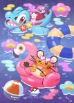  absurdres ball beachball commentary_request crocodilian dedenne flamigo flower flower_necklace heart heart-shaped_eyewear highres inflatable_toy lei love_ball no_humans open_mouth orange_fur poke_ball poke_ball_(basic) pokemon pokemon_(creature) pokemon_focus red_eyes ririko_(nagareboshi) sharp_teeth swimming teeth totodile water whiskers 