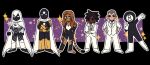  2girls 4boys 8-ball_(marvel) animification black_bodysuit black_border black_gloves black_mask black_sclera bodysuit boots border brown_hair cape chinese_commentary closed_mouth collared_shirt colored_sclera colored_skin commentary crescent crescent_necklace crossed_arms dark-skinned_female dark_skin dreadlocks earrings elbow_gloves full_body gloves green_eyes hand_on_own_chin hand_up hands_on_own_hips highres hood hood_up hooded_cape hunter's_moon ixpertishvela jacket jewelry long_hair looking_at_viewer marvel mask moon_knight multiple_boys multiple_girls necklace necktie orange_hair orange_skin outline outside_border pants purple_background red_eyes reese_williams shaved_head shin_guards shirt shoes short_hair simple_background slit_pupils smile soldier_(marvel) sparkle standing star_(sky) starry_sky_background superhero_costume tail tiger_girl tiger_tail tigra v vambraces very_dark_skin vest white_boots white_cape white_gloves white_jacket white_necktie white_outline white_pants white_shirt white_shoes white_vest wing_collar 