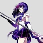  1girl bad_id bad_twitter_id bishoujo_senshi_sailor_moon bob_cut bow bowtie brooch circlet closed_mouth cowboy_shot drop_shadow four-pointed_star from_side glaive_(polearm) gloves grey_background holding holding_polearm holding_weapon jewelry leotard looking_at_viewer looking_to_the_side magical_girl miniskirt pleated_skirt polearm print_bow print_bowtie print_skirt purple_bow purple_bowtie purple_eyes purple_hair purple_skirt sailor_saturn short_hair silence_glaive simple_background skirt smile solo standing star_brooch starry_sky_print tomoe_hotaru weapon white_gloves white_leotard yoko.u 