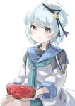  1girl absurdres aqua_neckerchief blue_hair blue_sailor_collar blue_skirt brown_eyes commentary_request dixie_cup_hat double_bun dreamsun food fruit hair_bun hat highres kantai_collection long_sleeves military_hat mixed-language_commentary navy_cross neckerchief sailor_collar samuel_b._roberts_(kancolle) school_uniform serafuku shirt simple_background sitting skirt sleeve_cuffs smile solo upper_body watermelon white_background white_hat white_shirt 