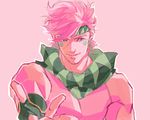  blue_eyes caesar_anthonio_zeppeli facial_mark fingerless_gloves gloves headband idachi jojo_no_kimyou_na_bouken male_focus pink_hair scarf solo striped striped_scarf 