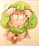  :&lt; adjusting_clothes black_hair constricted_pupils from_above graphite_(medium) hood hoodie lined_paper male_focus marker_(medium) matsuno_choromatsu osomatsu-kun osomatsu-san sitting solo tendosora traditional_media 