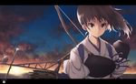  arm_guards bow bow_(weapon) breastplate brown_eyes brown_hair collarbone dated expressionless glint highres horizon japanese_clothes kaga_(kantai_collection) kantai_collection letterboxed machinery mku muneate ocean short_sleeves side_ponytail solo sunset upper_body water weapon 