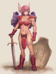  1girl armor bikini_armor breasts broad_shoulders commentary_request dragon_quest dragon_quest_iii full_body hand_on_hilt helmet highres jewelry kuroneco large_breasts long_hair muscular muscular_female pelvic_curtain planted planted_shield planted_sword purple_eyes purple_hair red_armor shoulder_armor silver_thighlet simple_background solo standing sword thighlet warrior_(dq3) weapon winged_helmet 