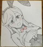  1girl animal_ear_hairband animal_ears blush bow bowtie breasts commentary_request covering_breasts covering_privates detached_collar ear_blush embarrassed fake_animal_ears hairband highres large_breasts leotard love_live! love_live!_superstar!! open_mouth photo_(medium) playboy_bunny rabbit_ear_hairband rabbit_ears red_bow red_bowtie shibuya_kanon solo strapless strapless_leotard sweat tamagu_eggo traditional_media wrist_cuffs 