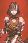  1girl bare_shoulders belt black_gloves black_hair black_sleeves boots breasts brown_boots brown_shirt cleavage cleavage_cutout clothing_cutout commentary cropped detached_sleeves eyelashes fingerless_gloves fingernails gloves grey_eyes half-closed_eyes hands_up highres holding holding_kunai holding_sword holding_weapon jun_(navigavi) katana katana_(navigavi) kunai lips looking_at_viewer making-of_available medium_breasts nose original parted_lips red_background red_belt reverse_grip shirt short_hair simple_background sleeveless sleeveless_shirt smirk solo standing sword teeth tsurime turtleneck turtleneck_shirt upper_body weapon 