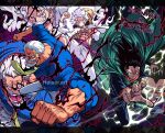  3boys artist_name beard blank_eyes blue_shirt character_name clenched_hand clenched_teeth cloak commentary facial_hair facial_tattoo family father_and_child father_and_son gear_fifth grandfather_and_grandson green_cloak hair_slicked_back haki_(one_piece) hat highres long_hair melonciutus monkey_d._dragon monkey_d._garp monkey_d._luffy multiple_boys one_piece parent_and_child pink_eyes scar scar_on_face shirt shoes shorts smile straw_hat tattoo teeth thick_eyebrows white_hair white_shoes white_shorts 