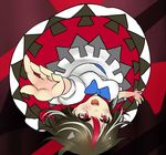  black_hair horns kijin_seija multicolored_hair open_mouth red_eyes red_hair rimu_(kingyo_origin) solo streaked_hair touhou upside-down white_hair 