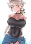  1girl asymmetrical_hair black_one-piece_swimsuit black_sarong braid braided_ponytail breasts casual_one-piece_swimsuit cleavage commentary_request covered_navel cypress_(hinokidou) highleg highleg_one-piece_swimsuit highres kantai_collection large_breasts long_hair looking_at_viewer one-piece_swimsuit sarong single_braid smile solo swimsuit unryuu_(kancolle) very_long_hair wavy_hair white_hair yellow_eyes 