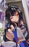  1girl :o ;o absurdres ahoge arm_belt asymmetrical_sleeves belt_collar black_choker black_hair black_nails black_sweater can choker collar commentary_request headphones headphones_around_neck highres kurokawa_gonshi long_sleeves looking_at_viewer mahou_shoujo_no_majo_saiban multicolored_hair nail_polish one_eye_closed open_mouth orange_eyes orange_nails orange_streaks red_bull refrigerator refrigerator_interior sawatari_coco sharp_teeth shirt short_hair sleeveless sleeveless_shirt slit_pupils solo streaked_hair striped_sleeves sweater teeth white_shirt 