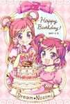  2girls :d bow cake character_name cure_dream dated dual_persona earrings fingerless_gloves flower food gloves hair_flower hair_ornament hair_rings happy_birthday highres hitopm jewelry long_hair magical_girl multiple_girls open_mouth pink_bow pink_hair pink_shirt precure purple_eyes shirt short_hair smile two_side_up yellow_bow yes!_precure_5 yes!_precure_5_gogo! yumehara_nozomi 