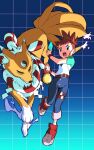  1girl aqua_shirt bad_id bad_twitter_id belt belt_buckle between_fingers black_eyes black_sclera blue_background blue_eyes blue_pants brown_belt buckle colored_sclera digimon digimon_(creature) digimon_tamers gradient_background grid_background holding kitsune kyuubi kyuubimon makino_ruki multiple_tails multiple_thigh_straps open_mouth orange_hair pants ponytail raglan_sleeves red_shoes shirt shoes short_hair short_ponytail short_sleeves socks tail teeth thigh_belt thigh_strap upper_teeth_only white_socks yin_yang yoko.u 