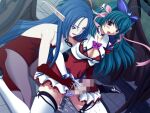  2000s_(style) 2girls :o ayahime_kurumi bare_shoulders black_wings blue_hair blush boots bow breasts censored choker cleavage cleavage_cutout clothing_cutout cum demon_girl ejaculation elbow_gloves femdom futa_with_female futanari game_asset gloves green_hair hair_ornament hair_ribbon handjob high_heels jewelry kneeling large_breasts lemmtear_theta leotard long_hair magical_girl mahou_senshi_(series) mahou_senshi_lemmtear_knights medium_breasts miniskirt mosaic_censoring multiple_girls night non-web_source official_art open_mouth outdoors pale_skin panties pantyhose penis penis_in_panties pointy_ears purple_eyes purple_panties red_gloves red_leotard ribbon saitou_natsuki self-datamine sitting skirt smile thighhighs underwear variant_set very_long_hair visual_novel_cg white_thighhighs wings 