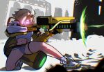  1girl abarabonebokio absurdres ahoge blonde_hair commentary_request crop_top elegg_(nikke) energy_gun firing from_side full_body goddess_of_victory:_nikke gun highres holding holding_gun holding_weapon long_sleeves navel on_one_knee shoes short_shorts shorts solo thigh_strap weapon 