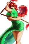  adapted_costume blue_eyes braid breasts china_dress chinese_clothes dragon dragon_print dress hong_meiling koyubi_(littlefinger1988) large_breasts legs long_hair no_hat no_headwear no_shirt open_mouth patterned_clothing red_hair scar smile solo three_section_staff touhou twin_braids weapon 