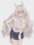  1girl absurdres adjusting_clothes animal_ears biwa_hayahide_(umamusume) black_skirt breasts brown_eyes cleavage commentary_request fluffy_hair glasses grey_hair hair_between_eyes highres horse_ears horse_girl lanyard large_breasts long_hair miniskirt nicola_(umahiremy) office_lady red-framed_eyewear semi-rimless_eyewear shirt skirt solo striped_clothes striped_skirt umamusume vertical-striped_clothes vertical-striped_skirt very_long_hair white_shirt 