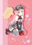  :0 bismarck_(kantai_collection) blonde_hair blue_eyes boots box dress flower gift gift_box grey_dress grey_legwear hat kantai_collection long_hair lutecia_syndrome solo text_focus 