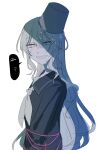  1girl absurdres black_sailor_collar black_serafuku black_shirt bound bucket bucket_on_head commentary_request hair_between_eyes highres long_hair long_sleeves looking_at_viewer mahou_shoujo_no_majo_saiban mio_daihuku neckerchief object_on_head open_mouth sailor_collar school_uniform serafuku shirt simple_background smile solo speech_bubble spoilers tied_up_(nonsexual) tsukishiro_yuki white_background white_eyes white_hair white_neckerchief 