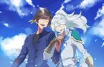  closed_eyes cloud coat day earrings feathers interlocked_fingers jewelry long_hair male_focus mikleo_(tales) multiple_boys open_mouth ponytail sachico66 shirt sky smile sorey_(tales) spoilers tales_of_(series) tales_of_zestiria white_hair 