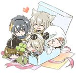  ^_^ black_hair blue_eyes box brown_hair chibi closed_eyes clover four-leaf_clover grey_eyes hat heart hood ima-no-tsurugi ishikirimaru iwatooshi kogitsunemaru kurate lowres male_focus mikazuki_munechika miniboy multiple_boys open_mouth orange_hair smile tokin_hat touken_ranbu white_hair 