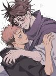  2boys artist_name black_hair black_jacket blush choso_(jujutsu_kaisen) commentary_request facial_mark heart hood hood_down hooded_jacket hug itadori_yuji jacket jujutsu_kaisen male_focus multicolored_hair multiple_boys pink_hair short_hair simple_background ttnoooo twintails two-tone_hair undercut upper_body white_background 