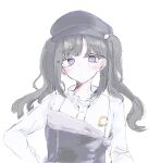  1girl black_hat closed_mouth commentary_request crazycaptivated crescent crescent_earrings dress earrings hat highres jewelry kurobe_nanoka long_hair looking_at_viewer mahou_shoujo_no_majo_saiban official_alternate_costume purple_eyes shirokuro_neko_(chill_out_house) simple_background solo twintails two-tone_dress white_background 