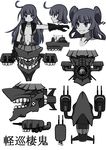  black_skirt breasts claws double_bun gauntlets highres imagawa_akira kantai_collection light_cruiser_oni long_hair medium_breasts navel shinkaisei-kan skirt solo translation_request 