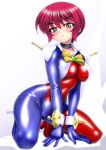  1girl all_fours allenby_beardsley allenby_beardsley_(cosplay) amate_yuzuriha black_choker blue_bodysuit bodysuit breasts choker commentary_request commission cosplay covered_nipples covered_pussy english_commentary g_gundam green_eyes gundam gundam_gquuuuuux high_heels impossible_bodysuit impossible_clothes mecha_pilot_suit medium_breasts mixed-language_commentary mobile_trace_suit multicolored_bodysuit red_bodysuit red_hair sakura_ryuuken shiny_clothes short_hair skeb_commission solo very_short_hair white_bodysuit 