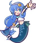  ;d ahoge aqua_eyes blue_hair blush_stickers choker fins full_body hair_ornament head_fins heart long_hair low-tied_long_hair lowres mermaid monster_girl navel non-web_source one_eye_closed open_mouth outstretched_arm puyopuyo_quest scales seriri_(puyopuyo) smile solo transparent_background very_long_hair wristband 