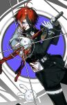 1boy absurdres ahoge aiming aotsuki_eito belt black_pants blood blood_on_clothes blood_on_face blue_eyes chibi chinese_commentary commentary_request cowboy_shot gloves highres holding holding_sword holding_weapon jacket looking_at_viewer male_focus multicolored_hair pants rabbit red_hair school_uniform short_hair simple_background solo streaked_hair sword the_hundred_line_-last_defense_academy- weapon yukii_masako 
