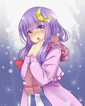  blush breath chestnut_mouth crescent crescent_hair_ornament hair_ornament patchouli_knowledge purple_eyes purple_hair rimu_(kingyo_origin) scarf snowing solo touhou winter 