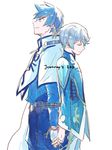  back-to-back bodice bracelet cloak closed_eyes earrings feathers fingerless_gloves gloves height_difference holding_hands jewelry male_focus mikleo_(tales) multiple_boys pants smile sorey_(tales) tales_of_(series) tales_of_zestiria 